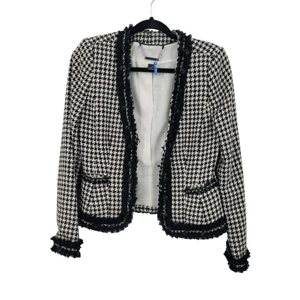 WHBM  Womens Wool Blend Houndstooth Blazer Sz‎ 2 Ruffle Chain Fringe Trim Black